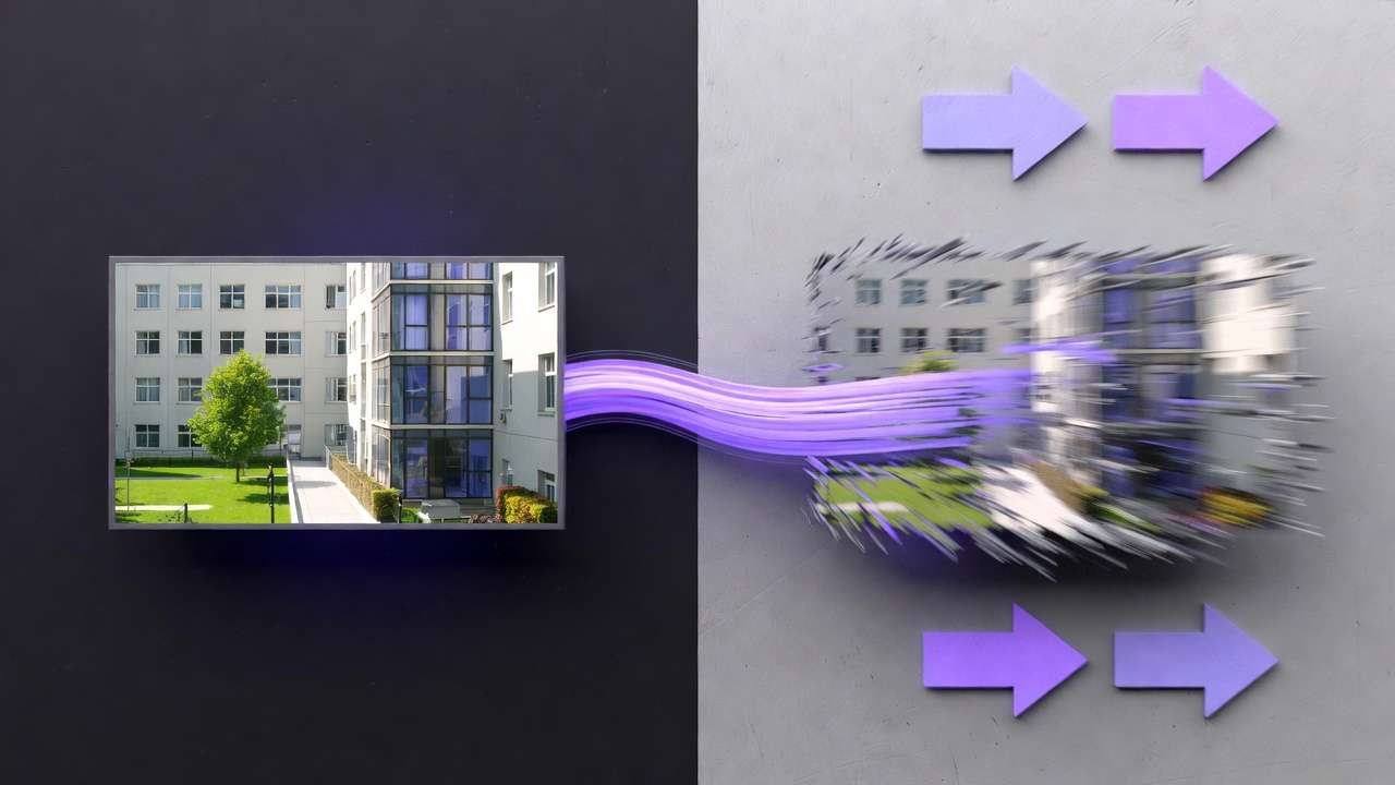 Split: clear building photo vs distorted glitch output, purple data stream, arrows