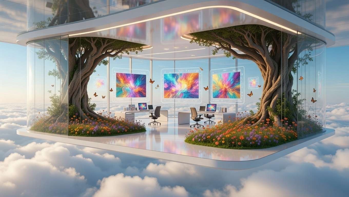 Bright open space, large windows, lush greenery, modern decor, abstract art on walls