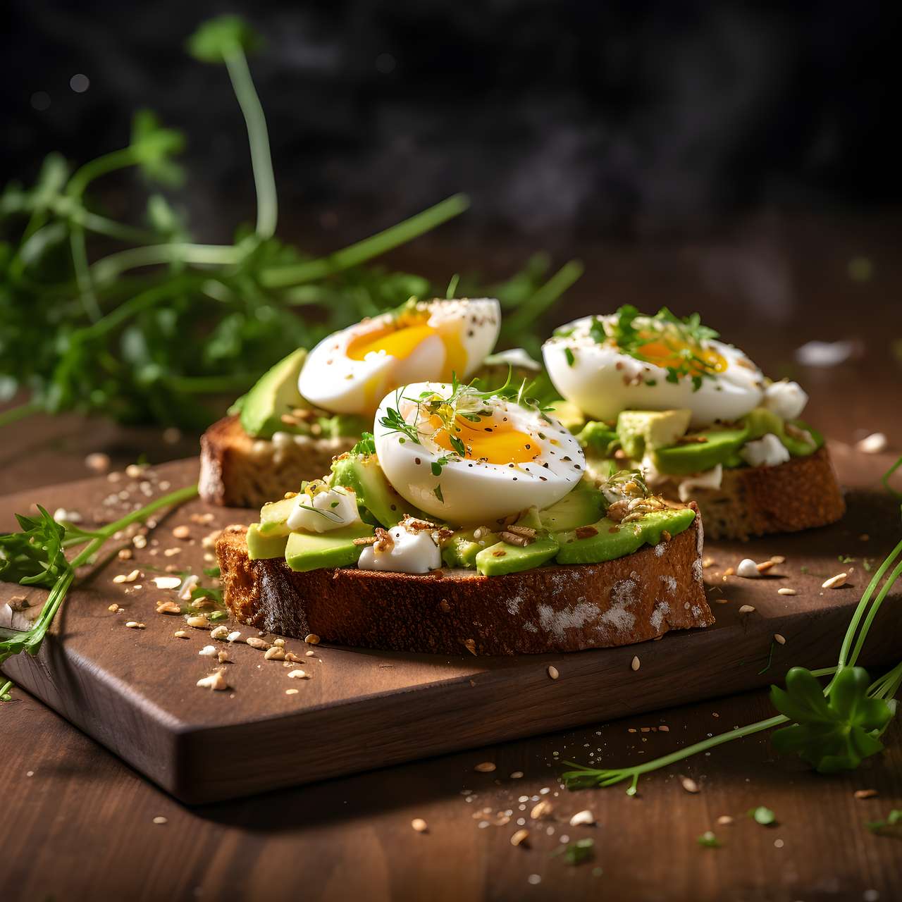 Avocado toast with poached eggs, herbs, rustic board