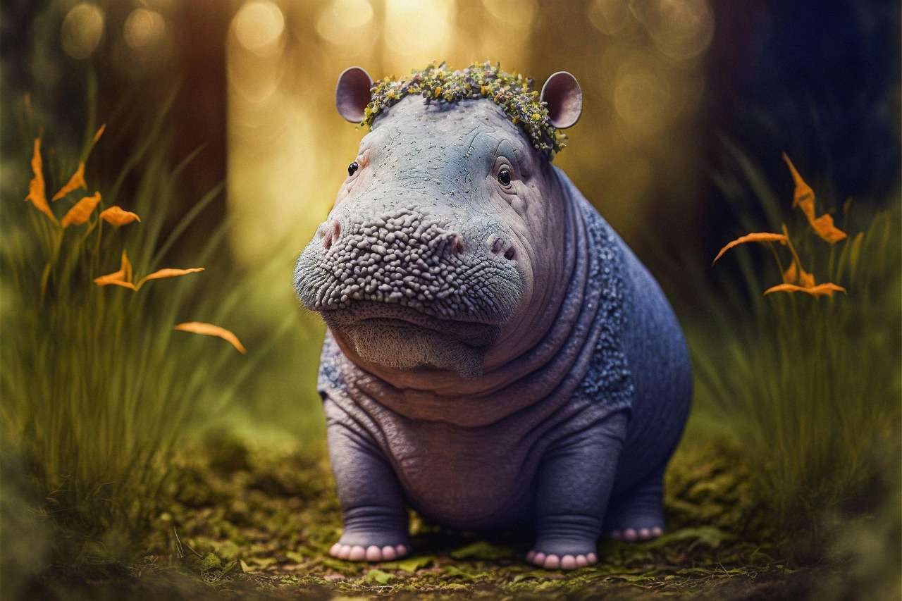 Baby hippopotamus in vibrant green mossy forest