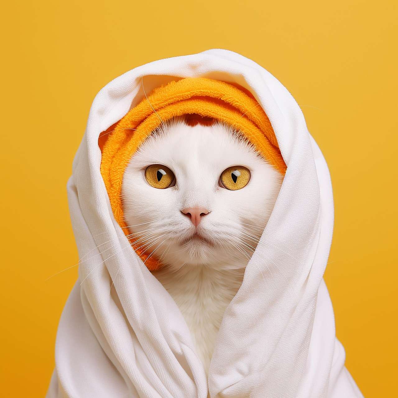 White cat in white towel, yellow head wrap