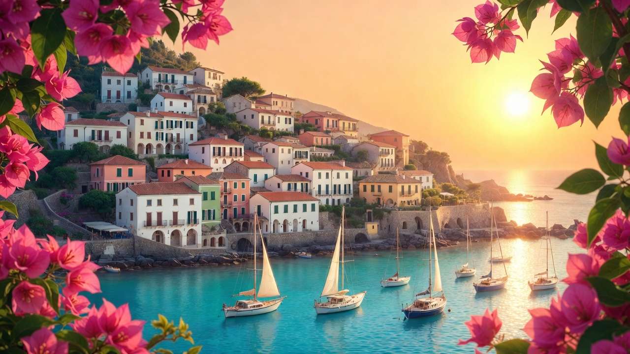Charming coastal town, colorful houses on hillside, calm water, boats, flowering plants