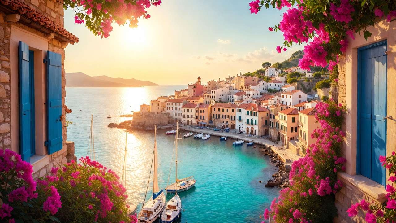 Colorful Mediterranean coastal town, buildings cascade to bay, boats, pink bougainvillea