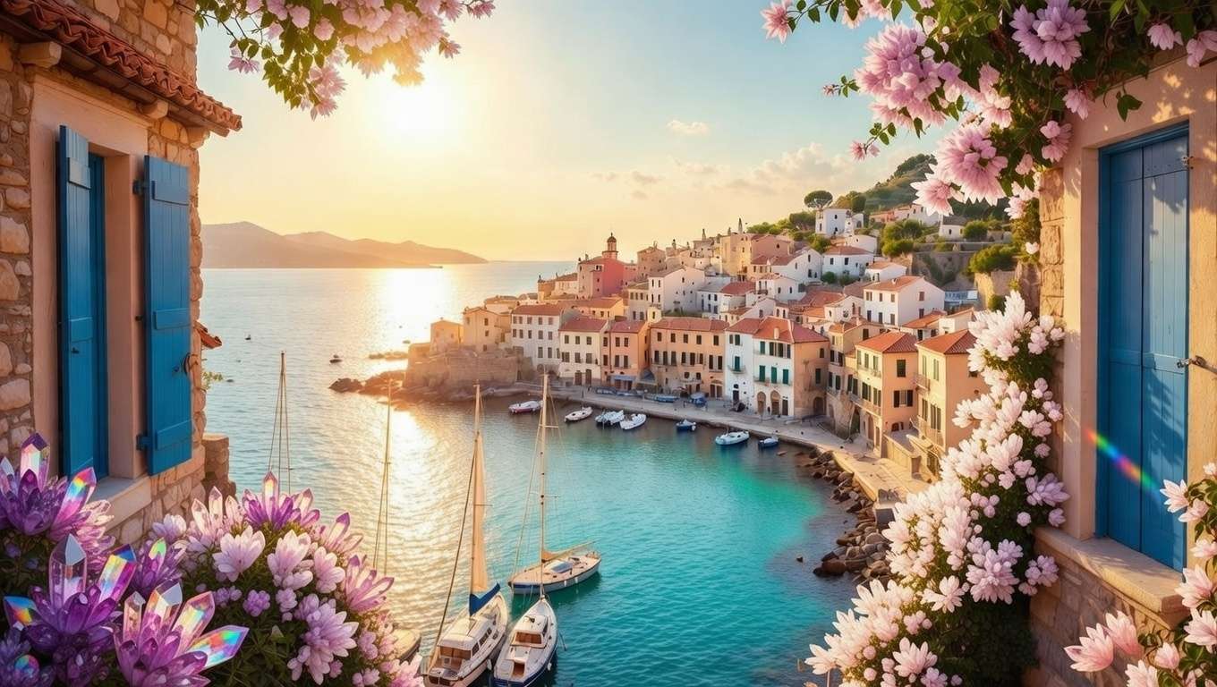 Charming coastal village, colorful buildings, calm bay, flowers, boat