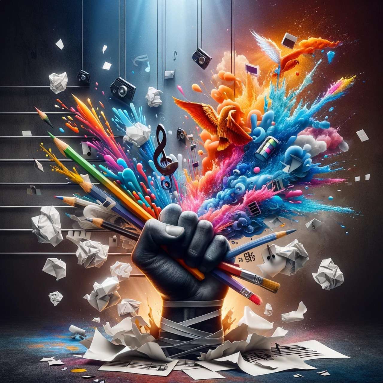 Fist breaking through surface, burst of colorful pencils paint paper