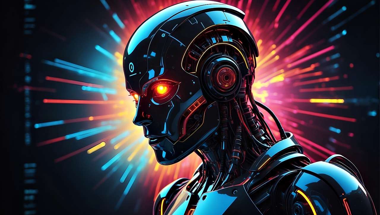 Robotic head with glowing red eyes