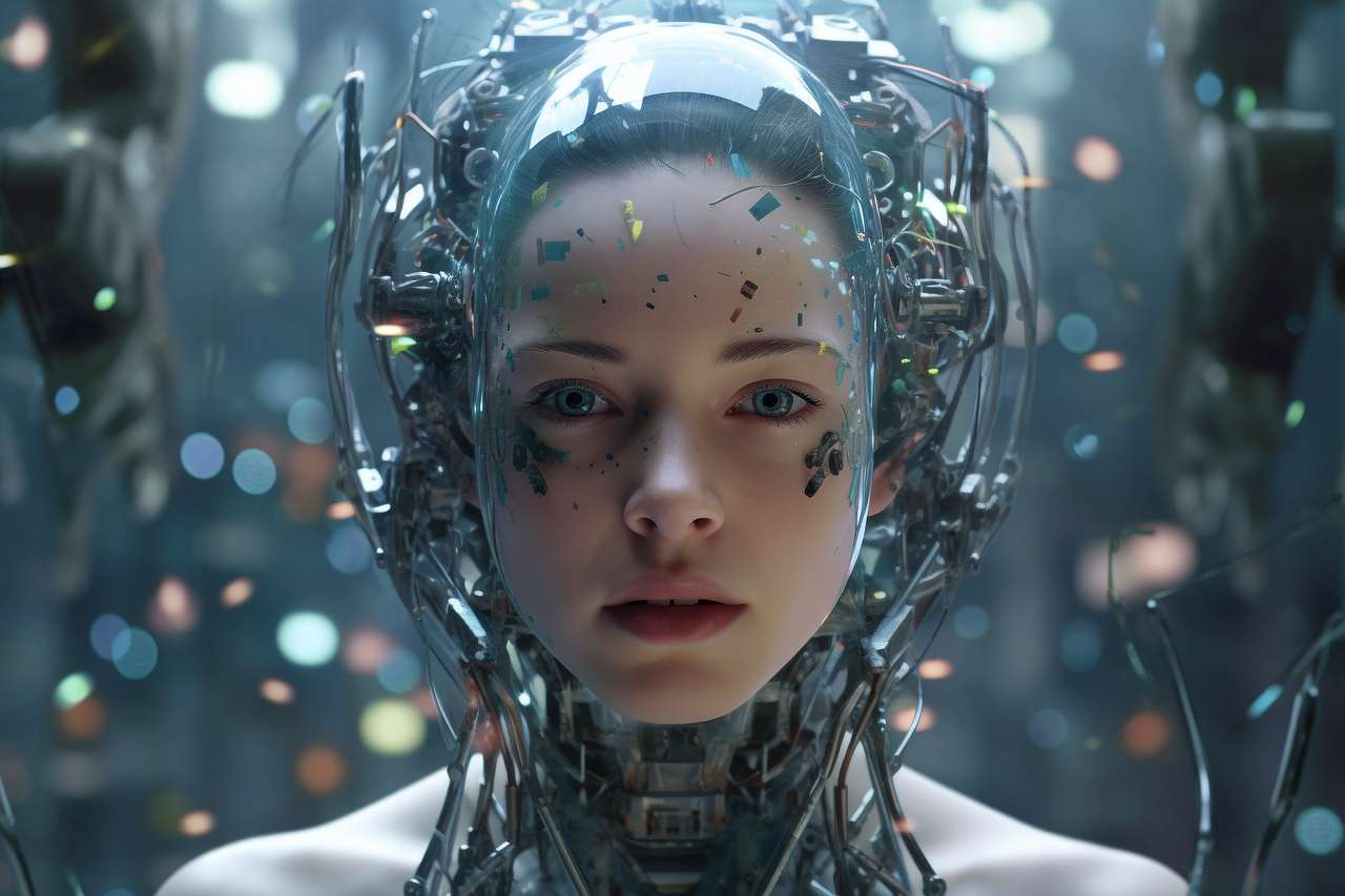 Woman with cybernetic enhancements, glowing elements around eyes