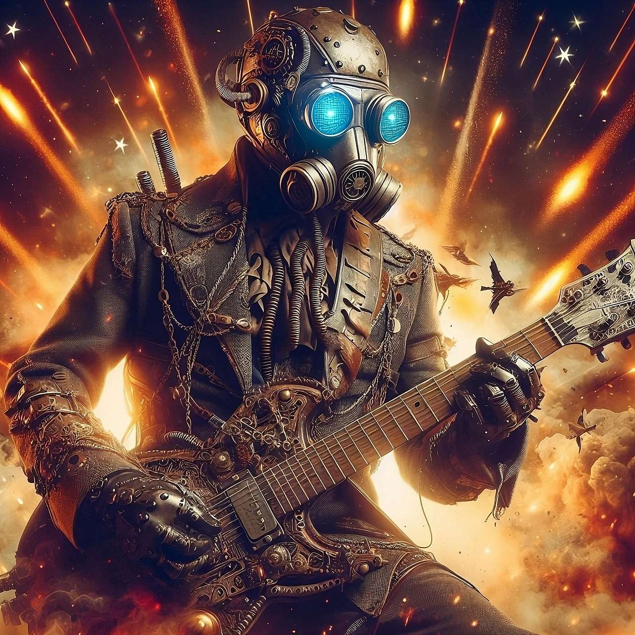 Cyberpunk guitarist in gas mask and armor, electric guitar, orange yellow radial lights