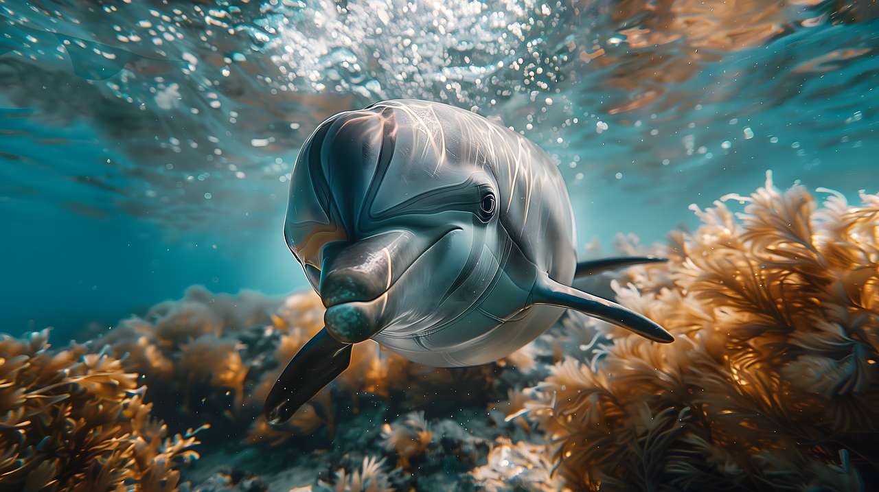 Dolphin swimming through blue water, vibrant coral, sea plants
