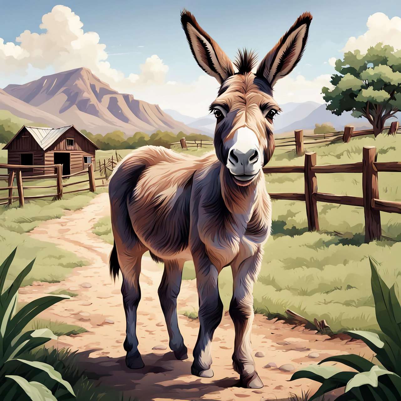 Donkey in rustic sunlit landscape, wooden fences, farm structures, rolling hills