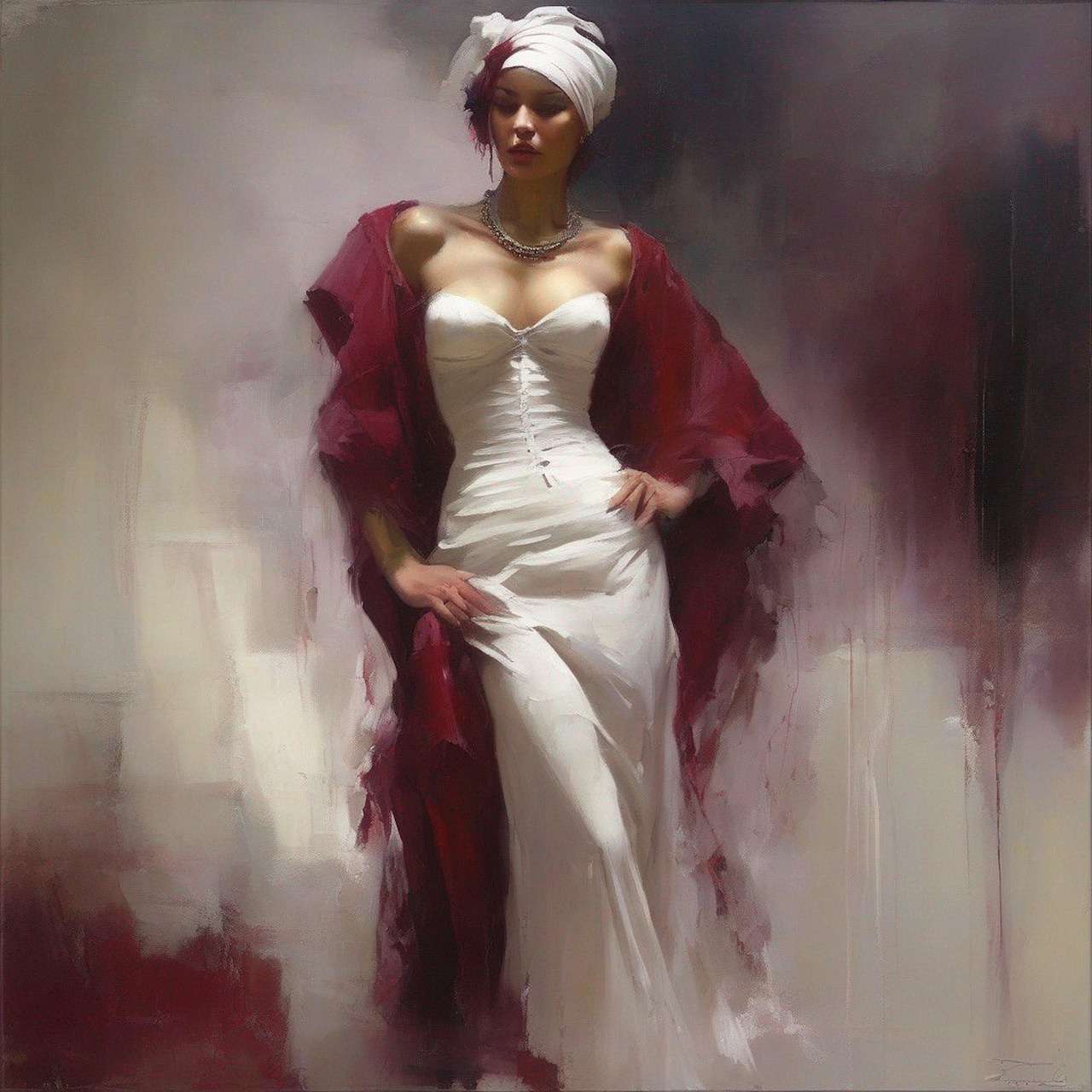 Elegant woman in flowing white gown with deep red fabric, painterly portrait