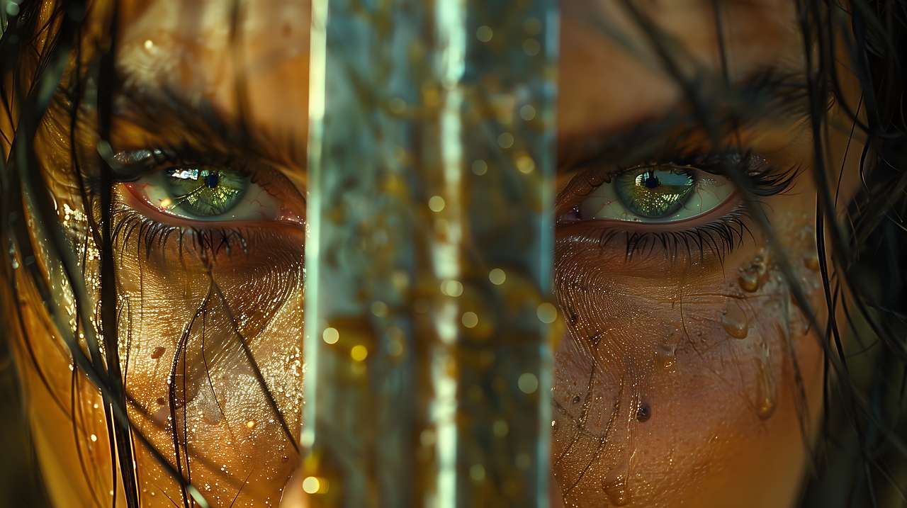 Dramatic close-up green eyes with metallic sword reflection