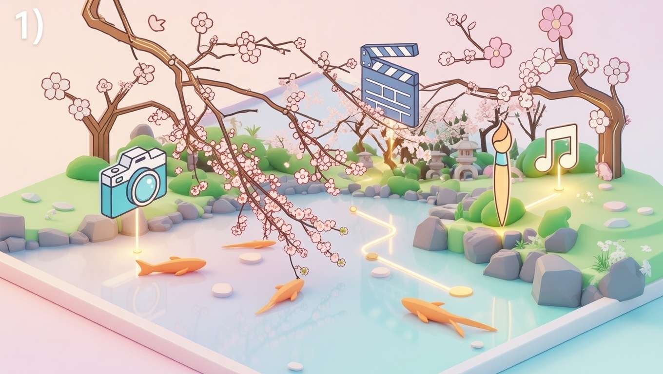 Fantastical landscape, gnarled trees, winding path, glowing elements