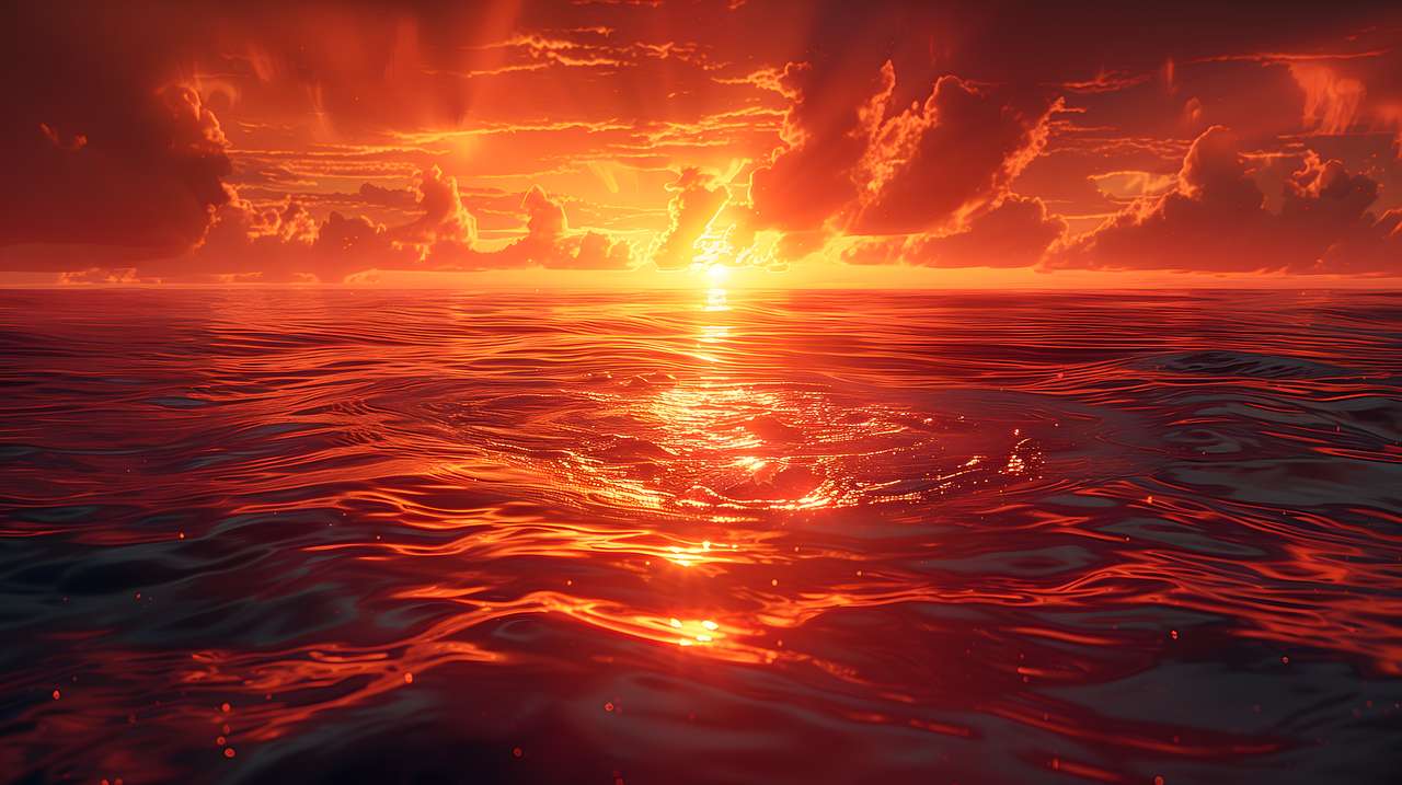 Seascape at sunset, sky and ocean ablaze red orange yellow