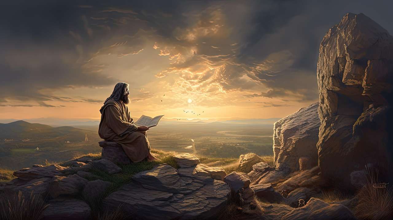 Lone robed figure on rocky cliff overlooking misty landscape