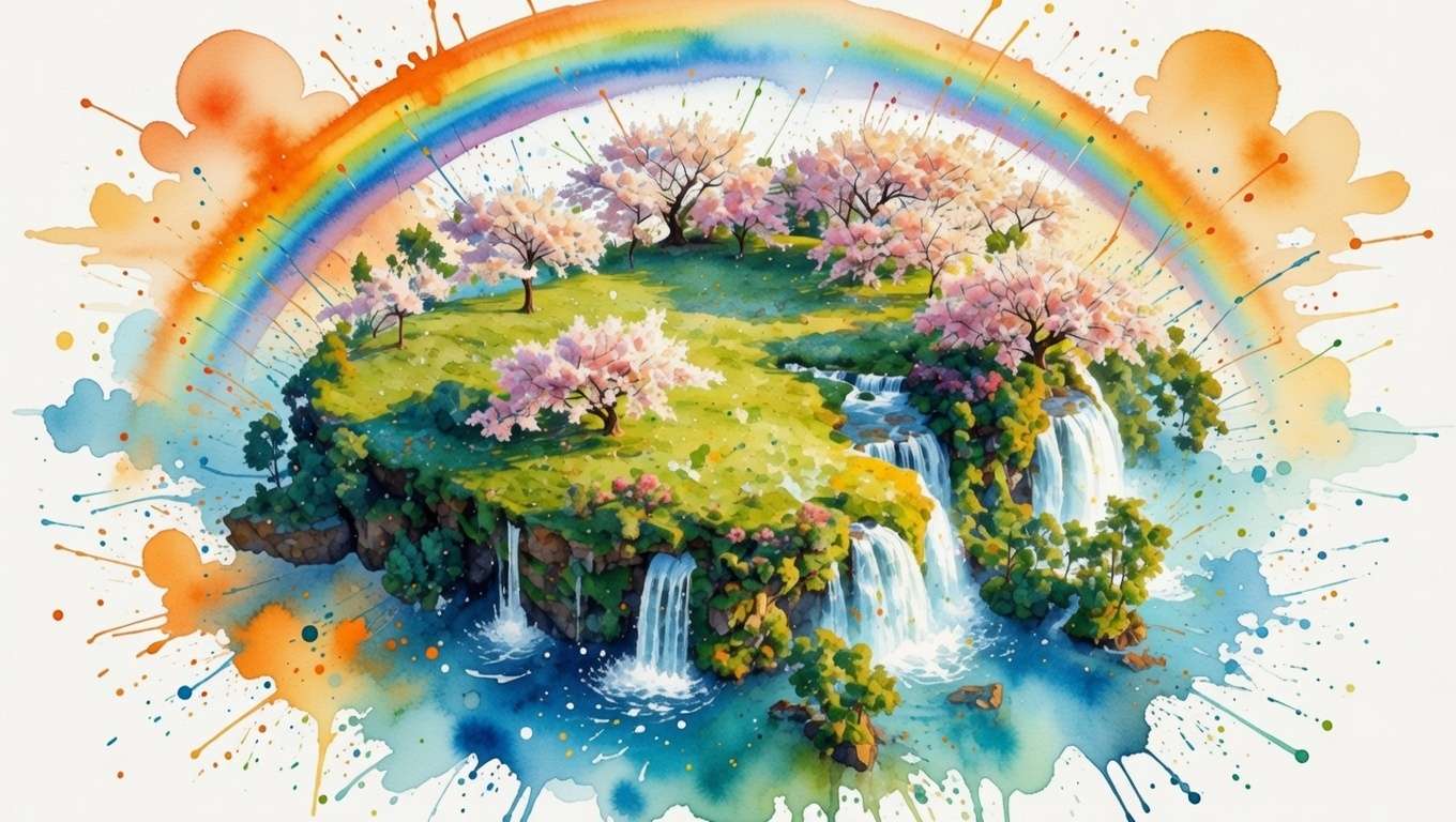 Vibrant floating island with waterfalls, lush green, rainbow arching