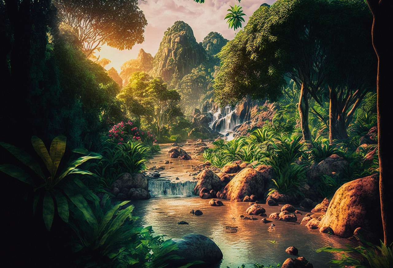 Clear stream through dense verdant forest