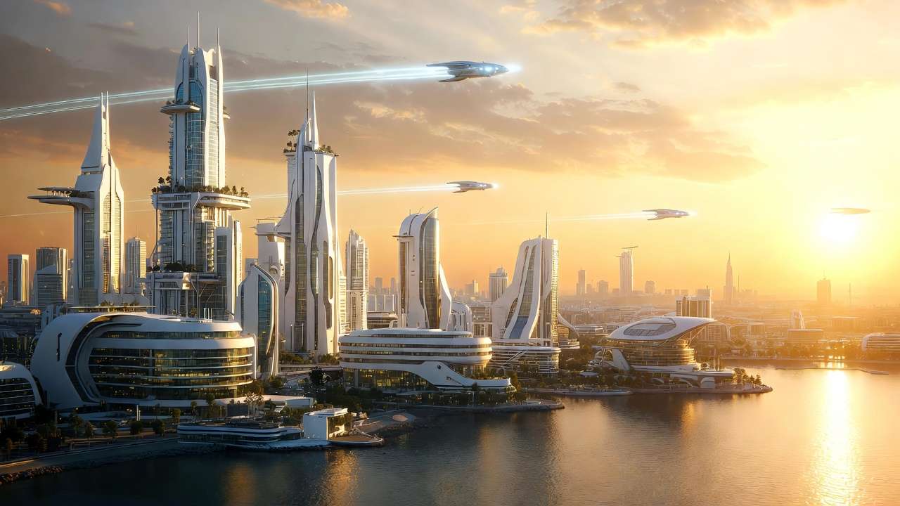 Futuristic cityscape at sunset