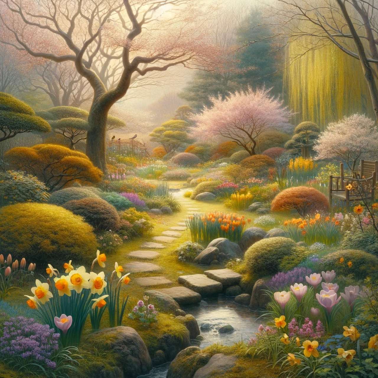 Winding path through lush garden, bright green foliage, yellow pink flowers