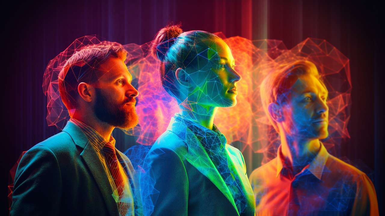 Three people outlined in glowing blue green yellow orange