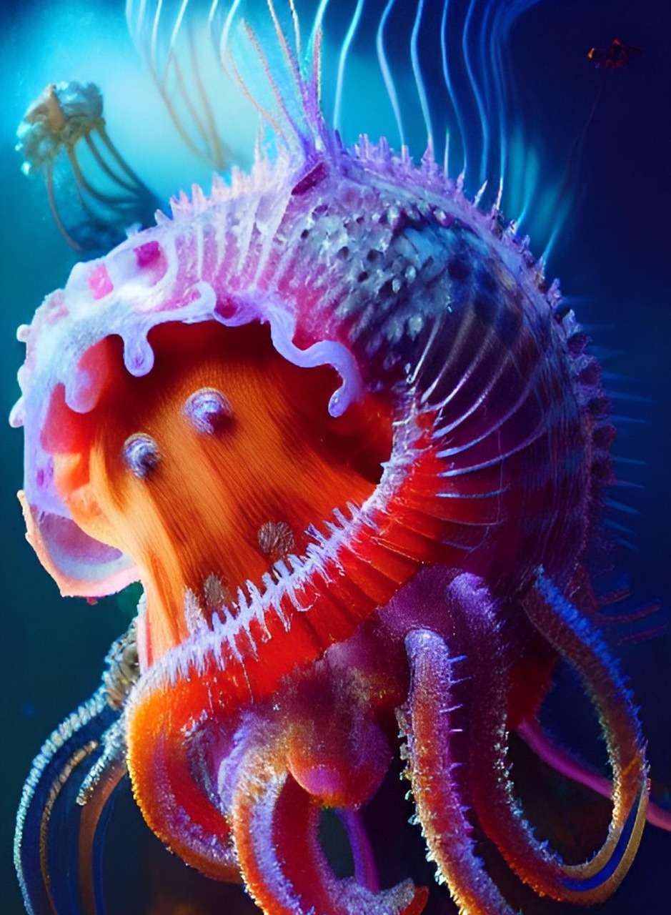Fantastical glowing jellyfish or octopus, flowing tentacles, pink orange blue
