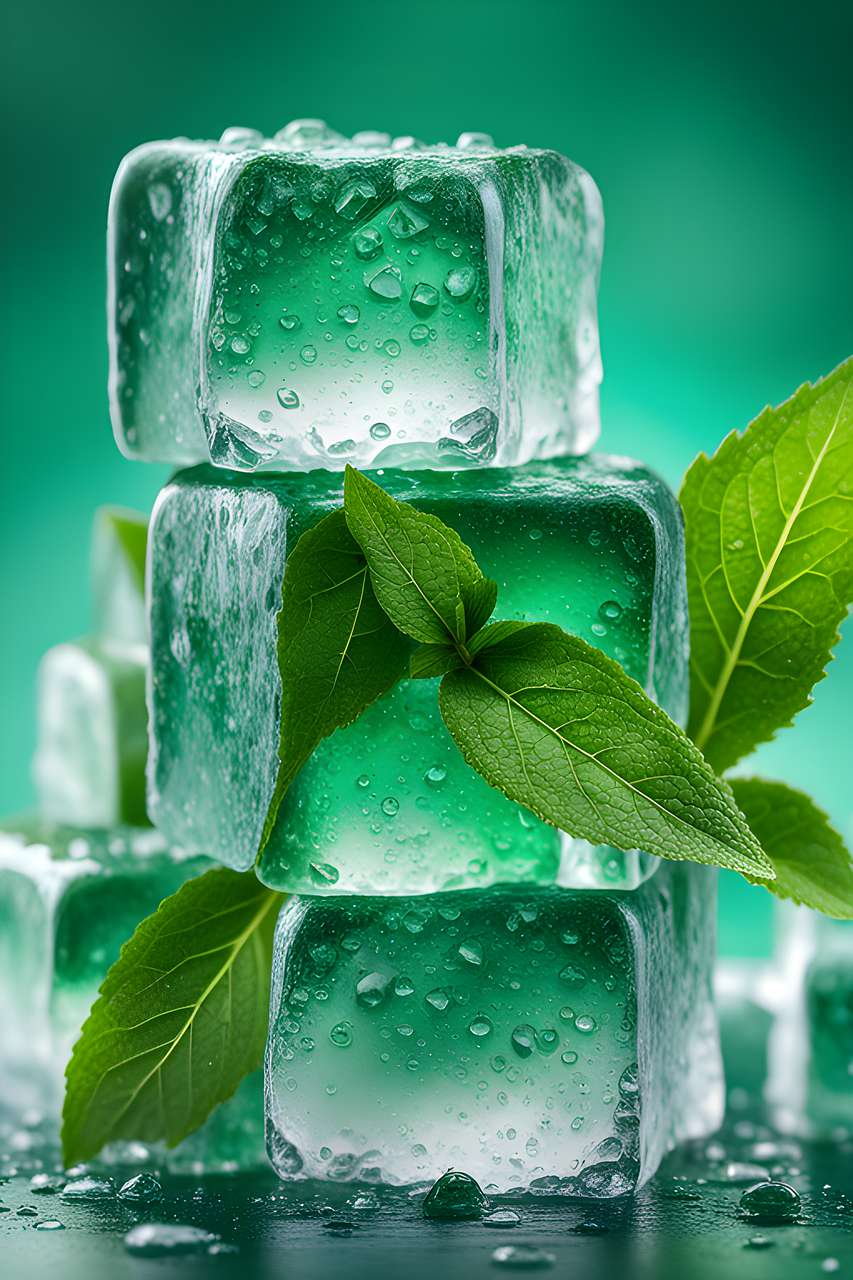 Translucent ice cubes with green mint leaves