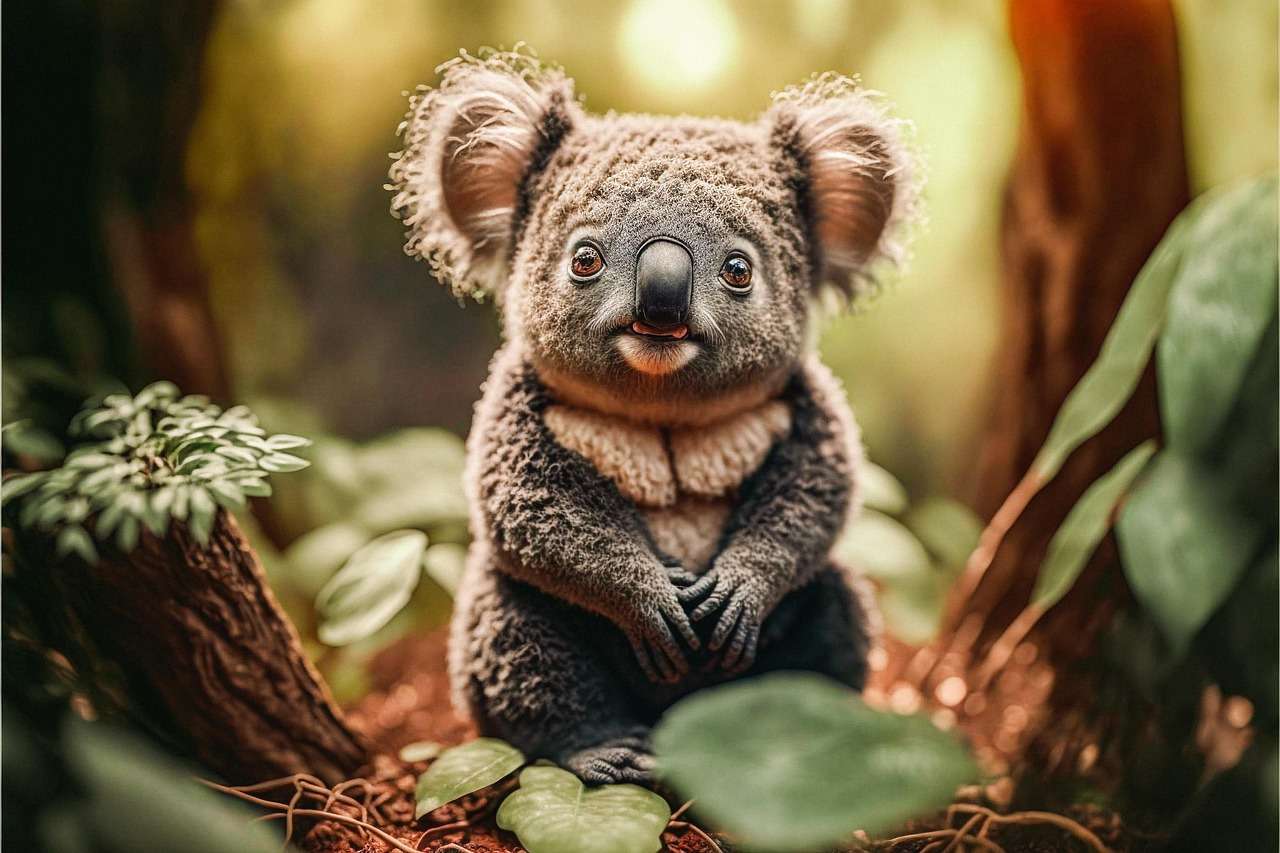 Fluffy koala with large ears among green leaves