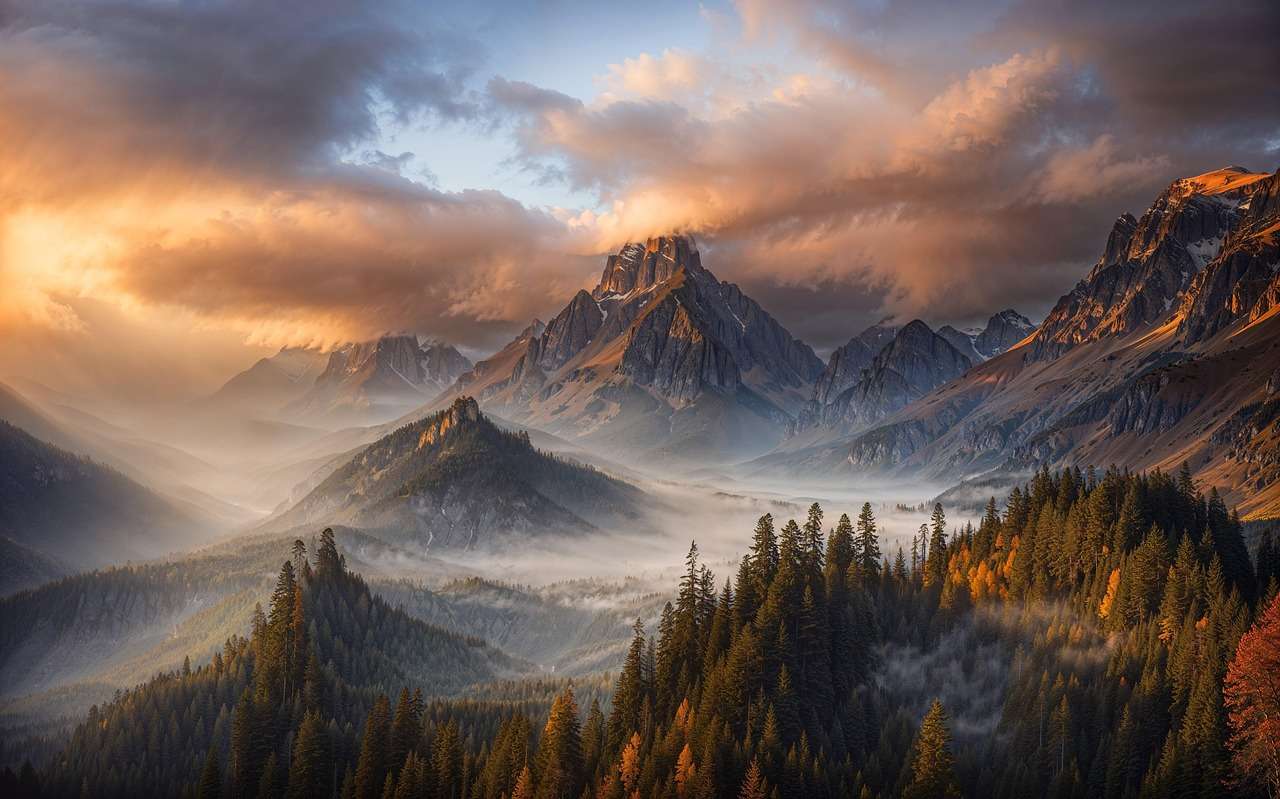 Serene misty forest, mountains background