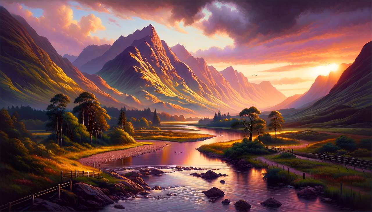 Majestic mountain landscape, winding river reflecting sunset