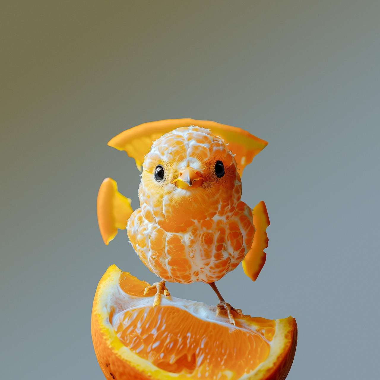 Creative orange peel shaped as bird on orange slice