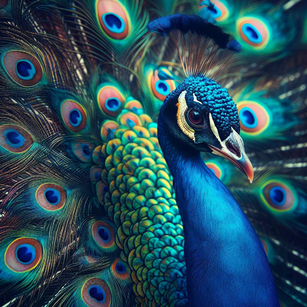 Close-up peacock iridescent blue green feathers