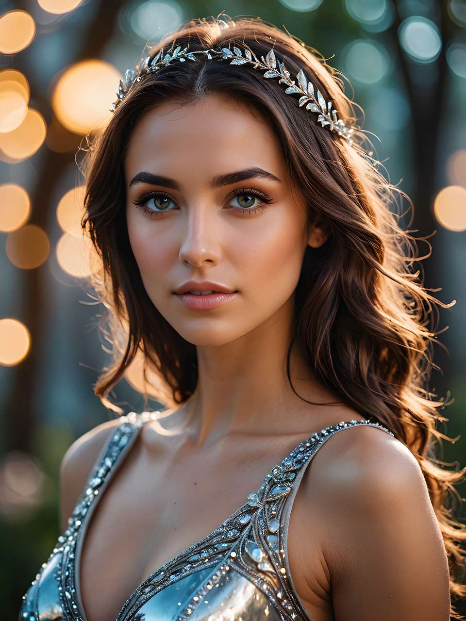 Photorealistic portrait of woman with dark hair, braided headband, silver embellished top
