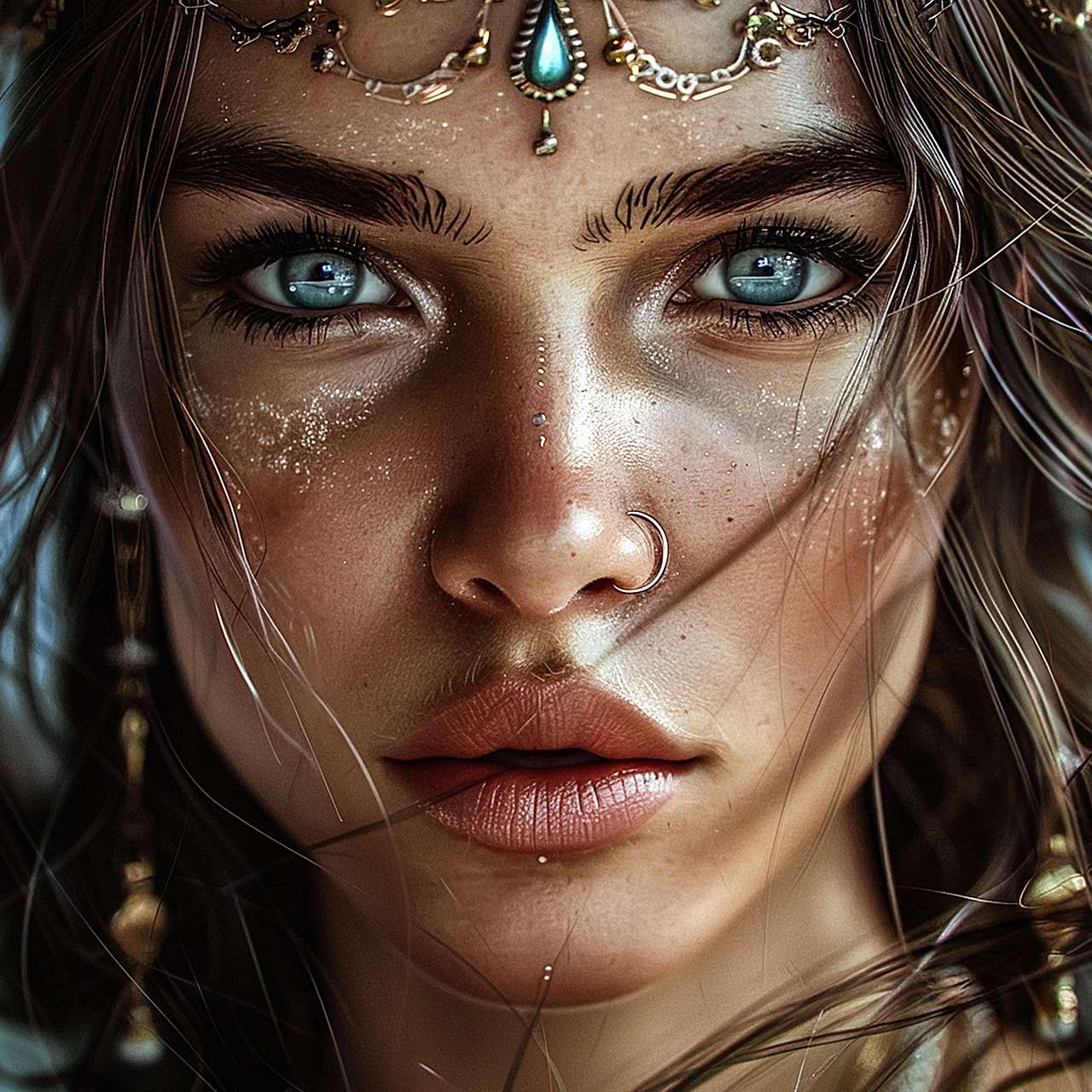 Detailed portrait woman jewel headwear, blue eyes