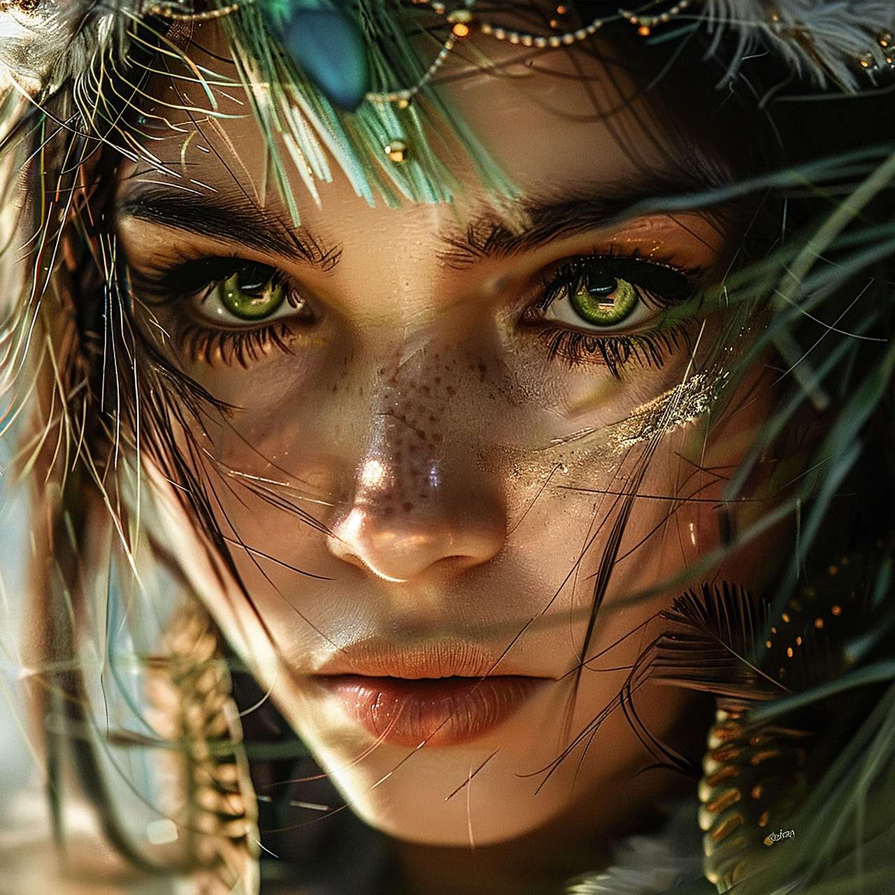 Detailed portrait woman jewel headwear, green eyes