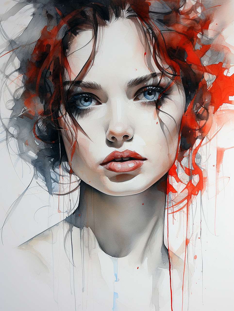 Artistic watercolor portrait, splashes of red
