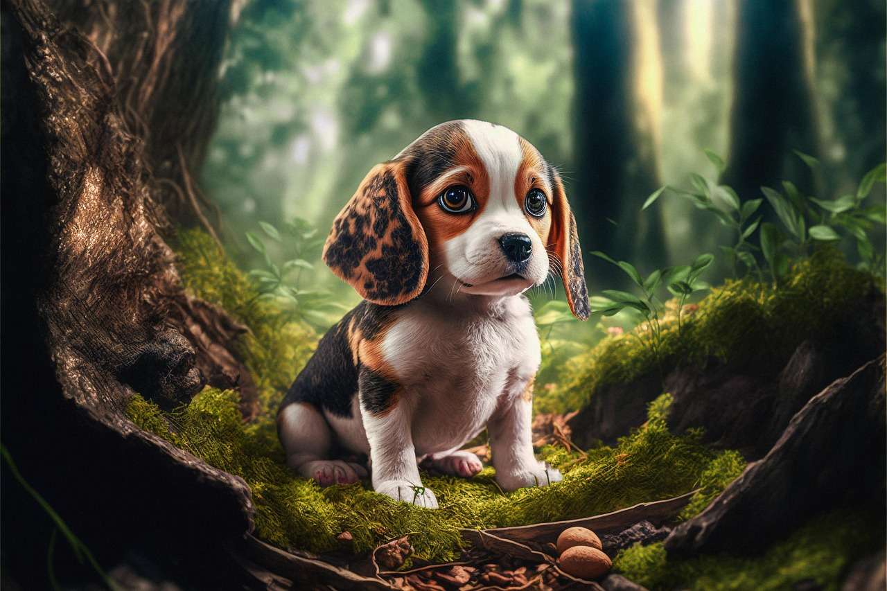 Cute beagle puppy in lush green forest, moss and plants