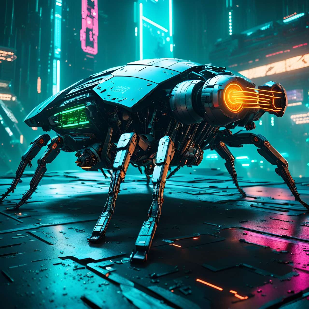 Futuristic robotic beetle, neon pink blue orange