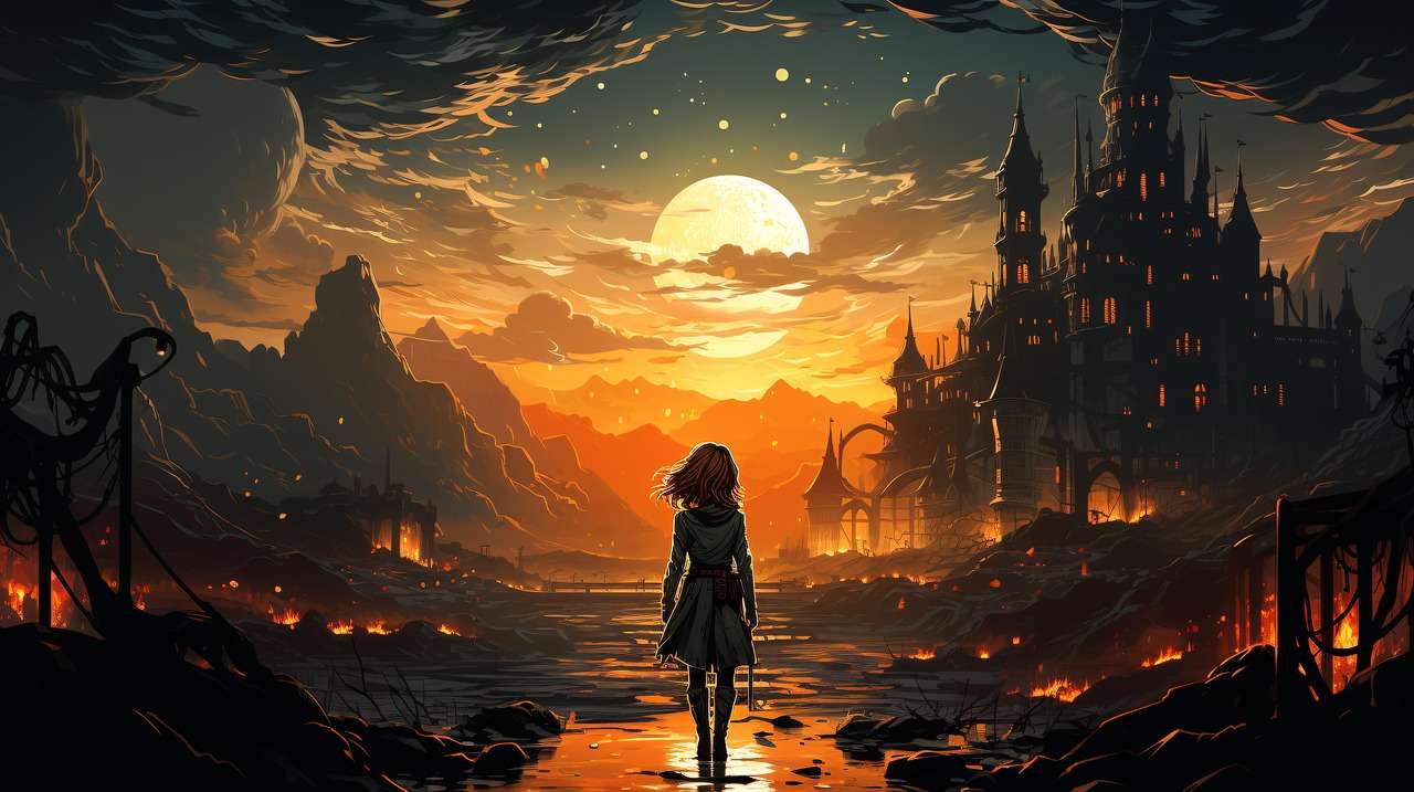 Silhouette on rocky outcrop gazing at castle at sunset