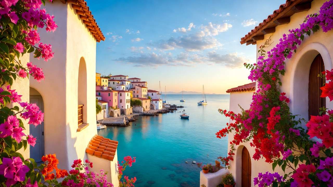 Colorful buildings with pink and red flowers, street leading to water