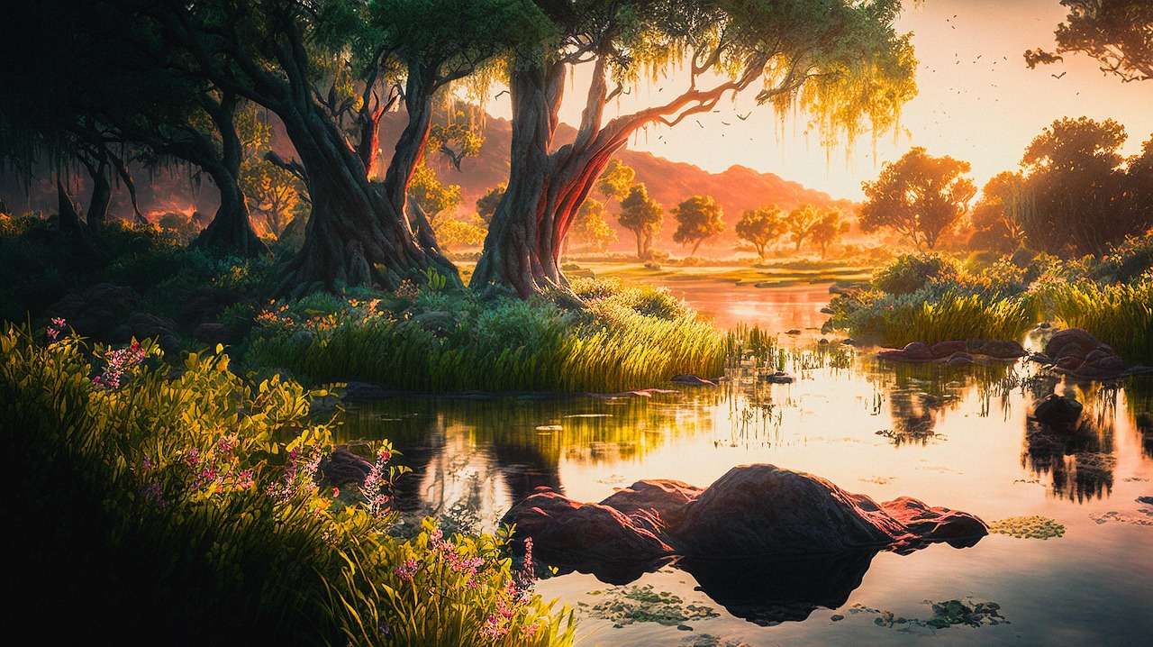 Serene lake or river reflecting golden sunset