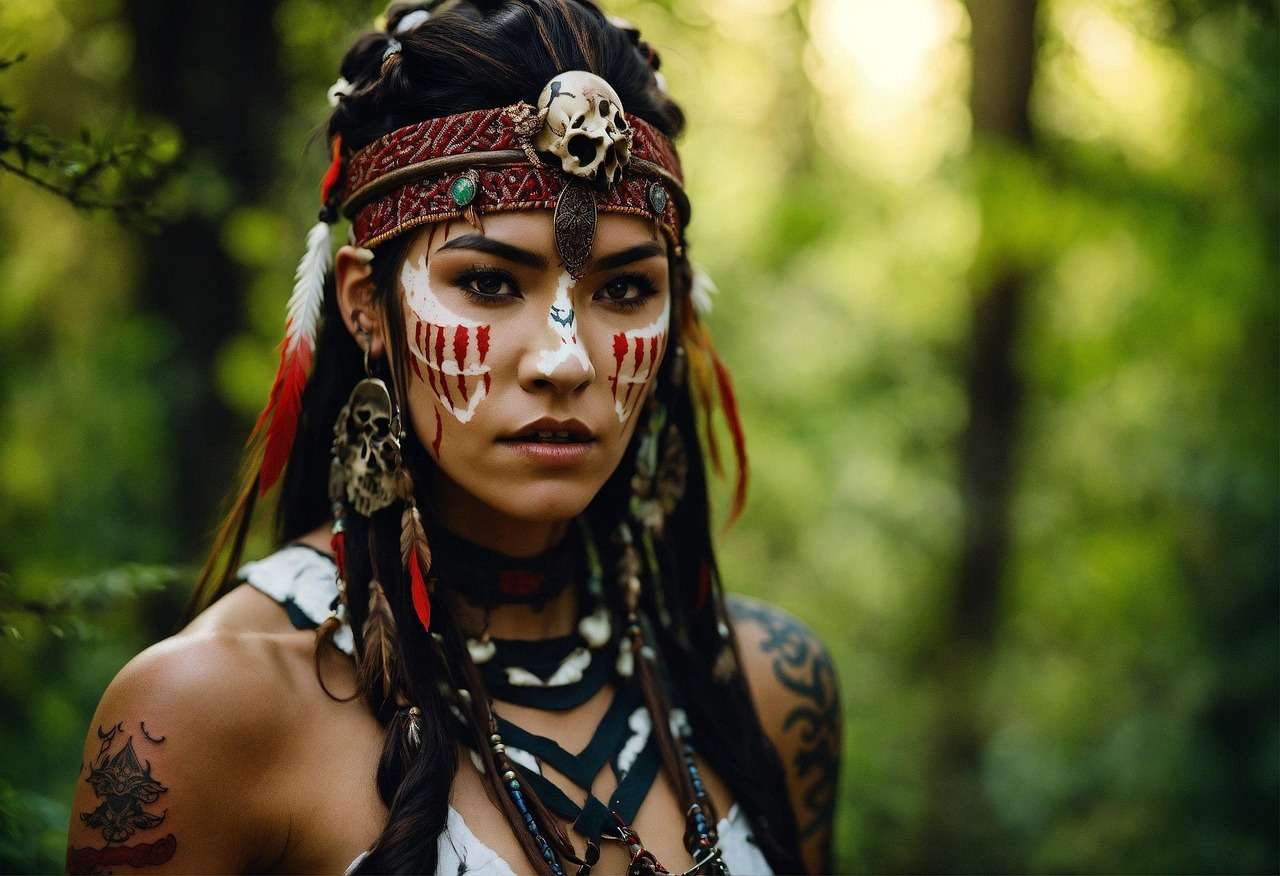 Woman in tribal attire, face paint, lush jungle