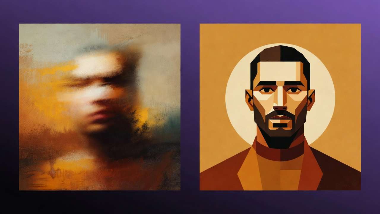 Split: abstract painterly vs geometric portrait style