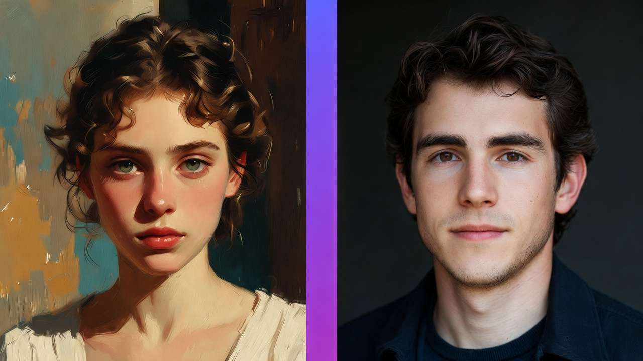 Split: left AI digital painting of woman, right photorealistic portrait of man