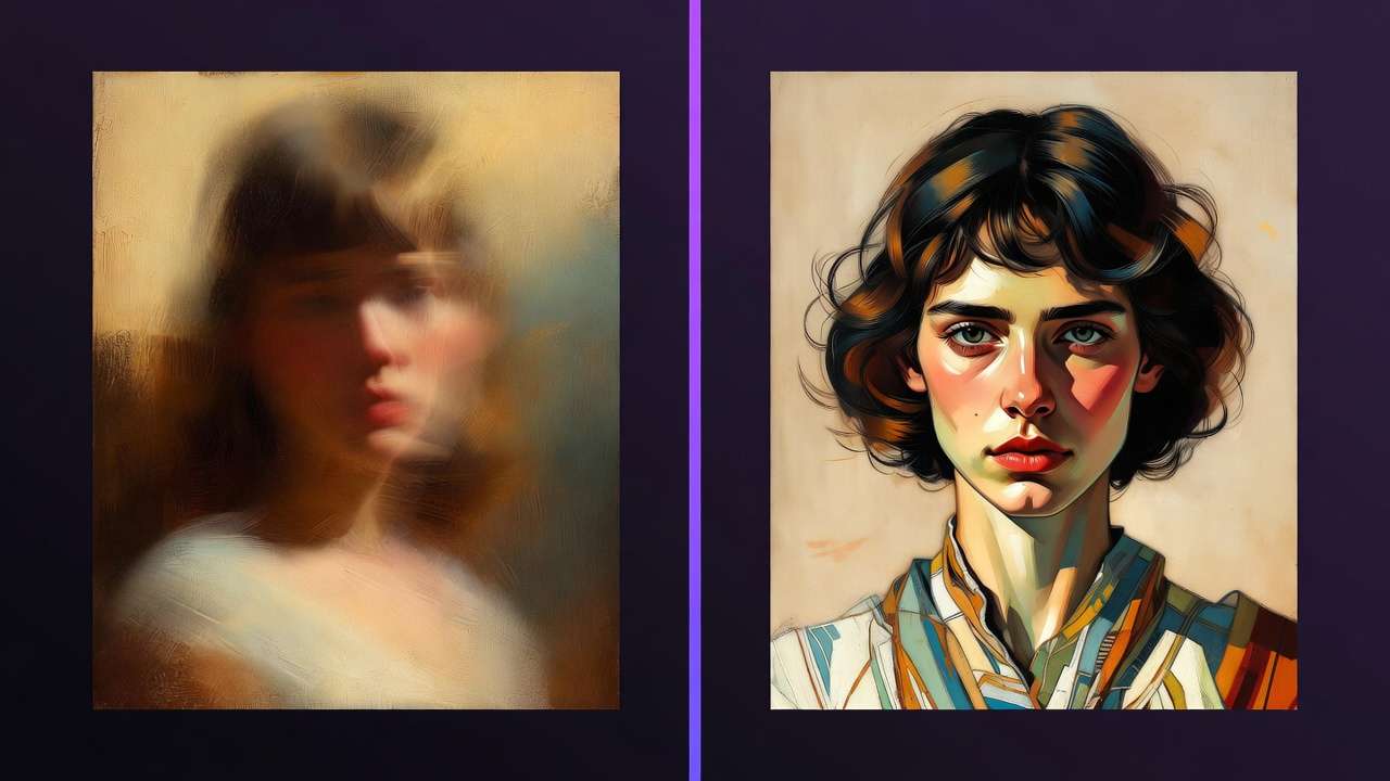 Split: blurry impressionistic vs sharp geometric portrait