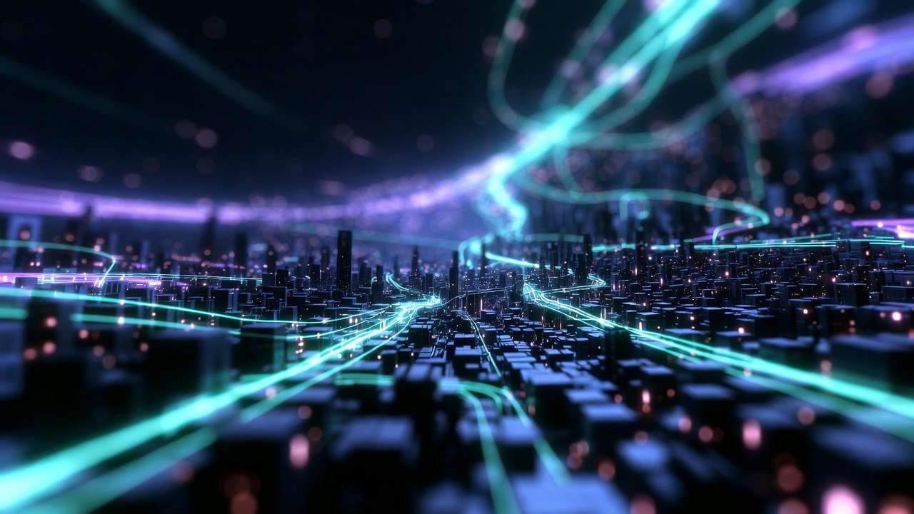 Futuristic city, cyan data lines, block structures