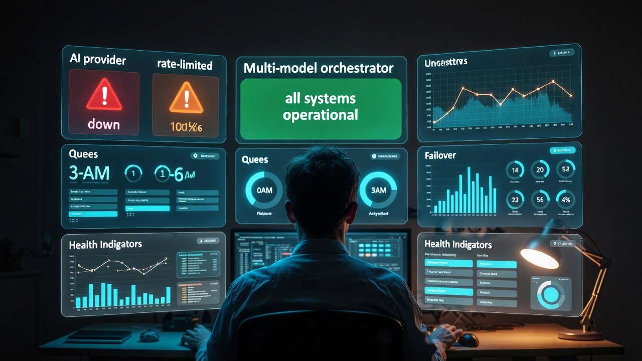Person at desk, holographic screens: Multi-model orchestrator, AI provider, Queues, Failover