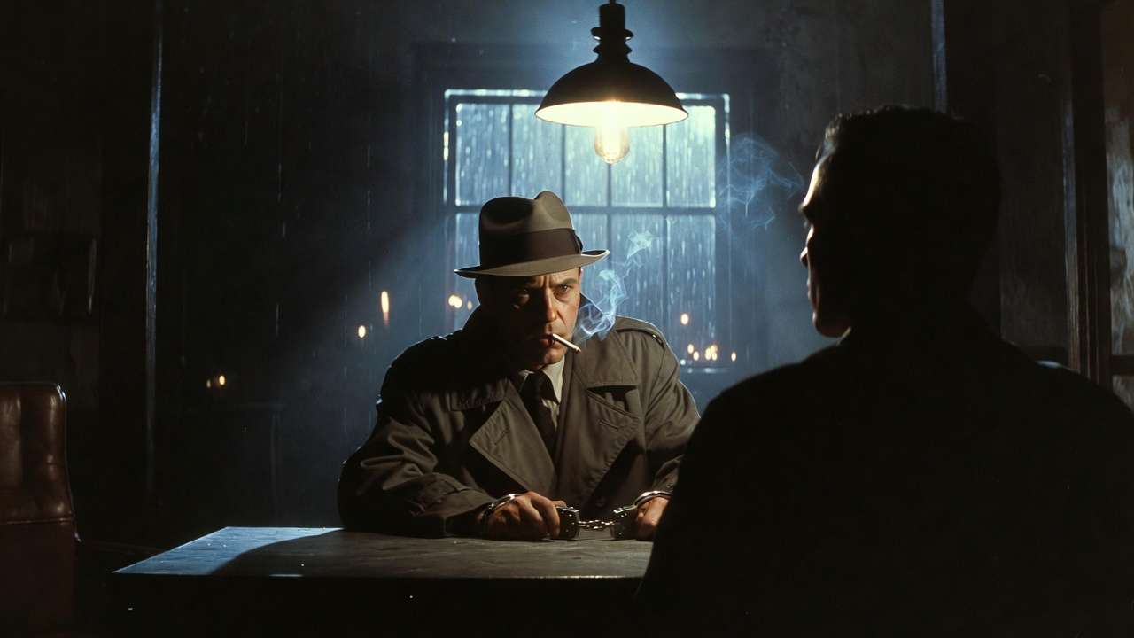 Film noir: man in handcuffs, cigarette, overhead lamp