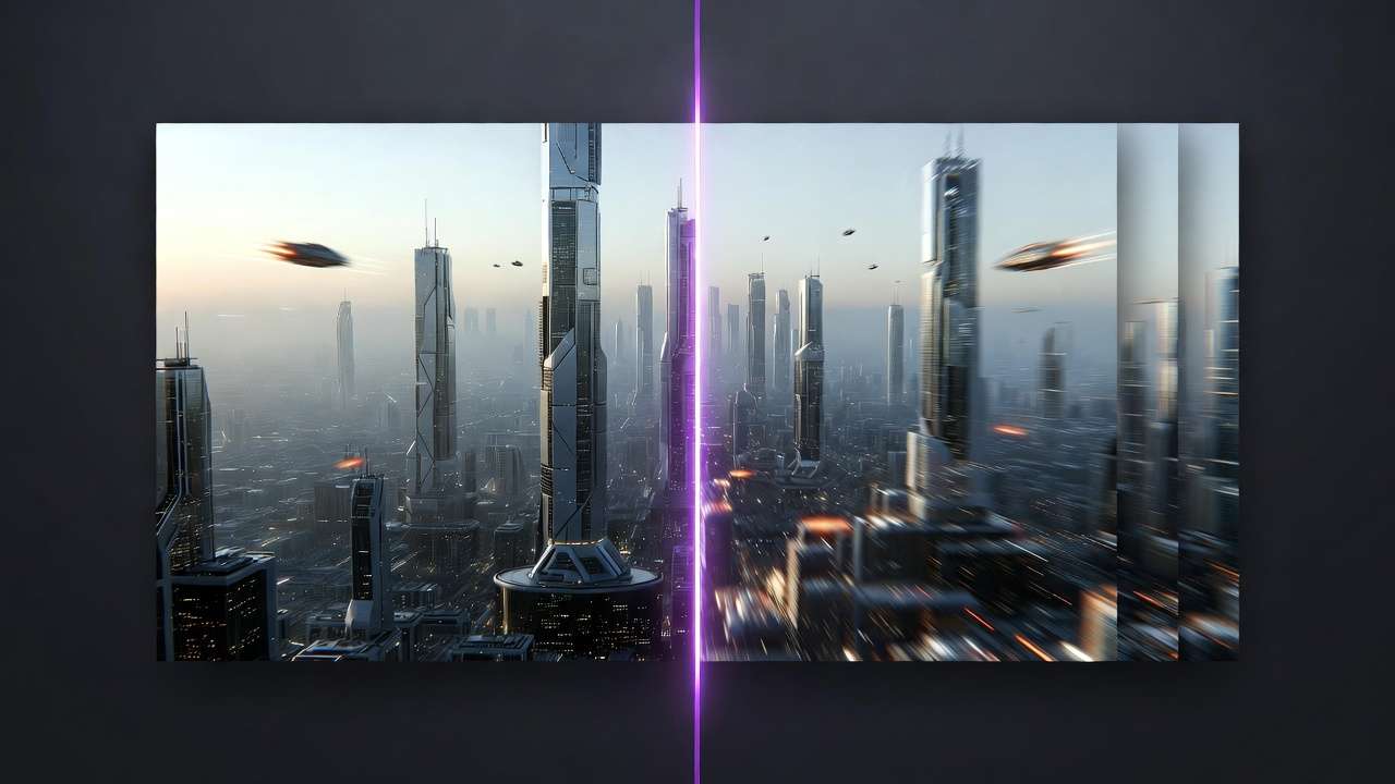 Futuristic cityscape with skyscrapers, vertical purple light beam, right half with digital glitch effect