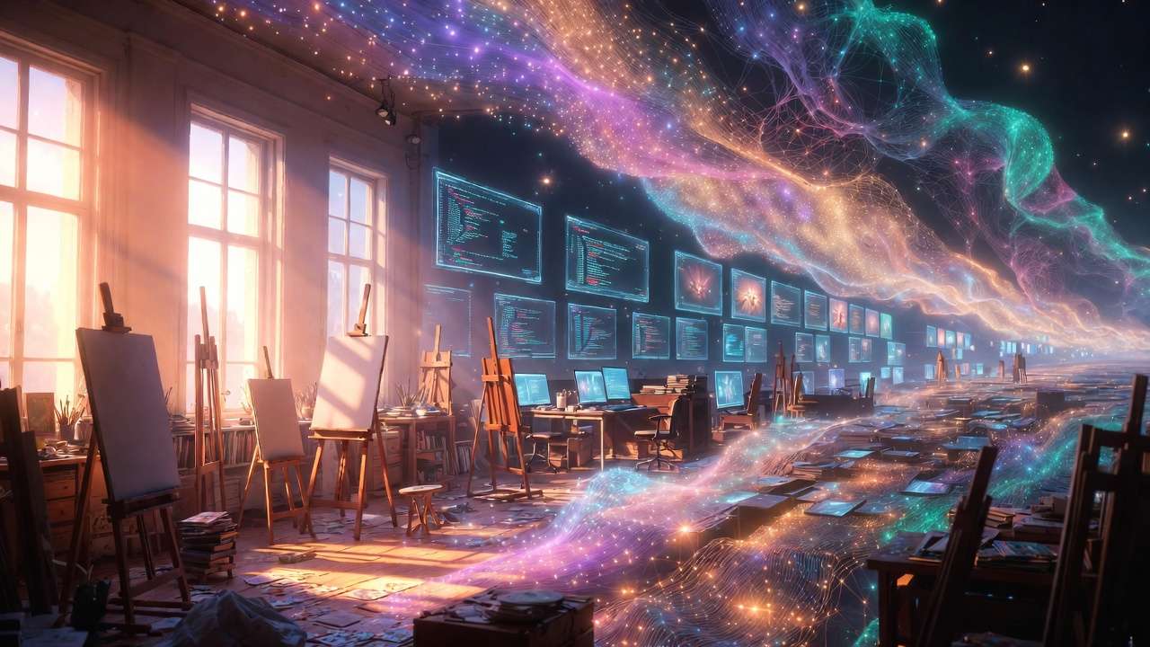 Long room: sunlit art studio with easels left, dark AI workspace with code and holographic data streams right