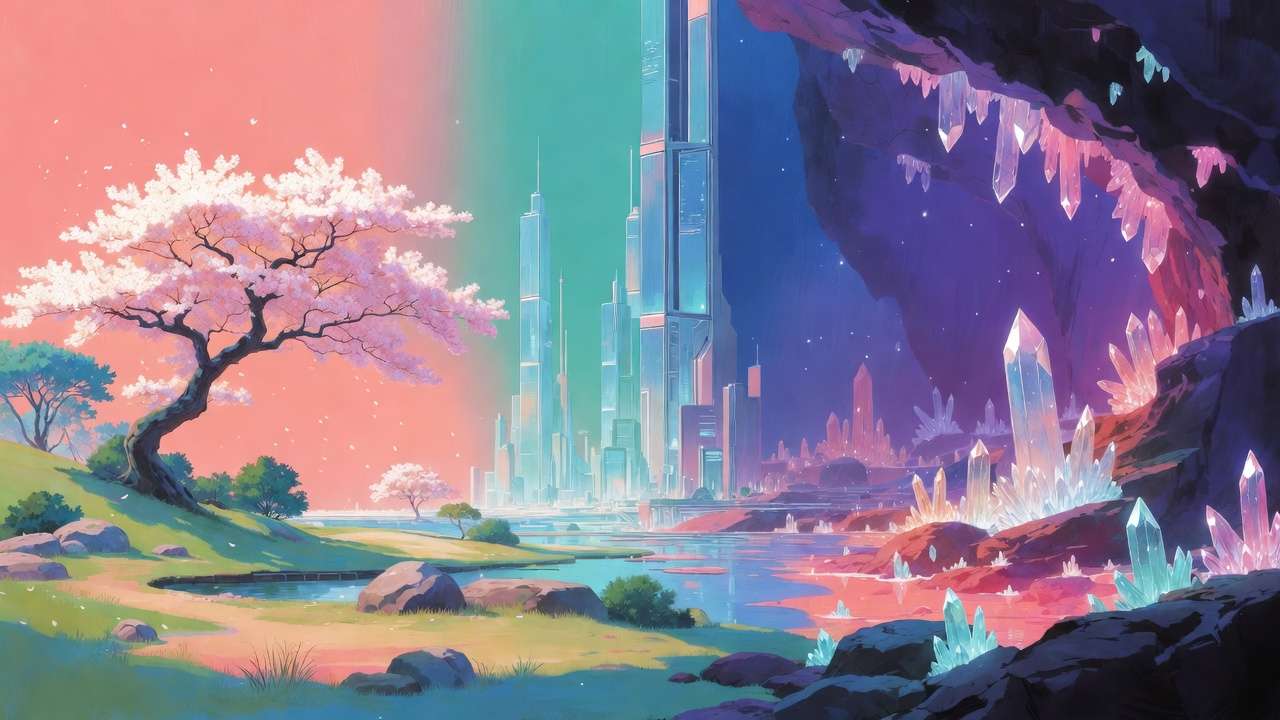 Fantasy landscape: cherry blossom, futuristic city, glowing crystals, pink to purple sky gradient